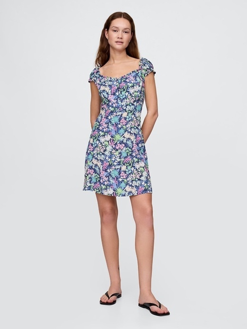 NWT - GAP Puff-Sleeve Sweetheart Mini Dress in Blue Floral - Size S (Petite)